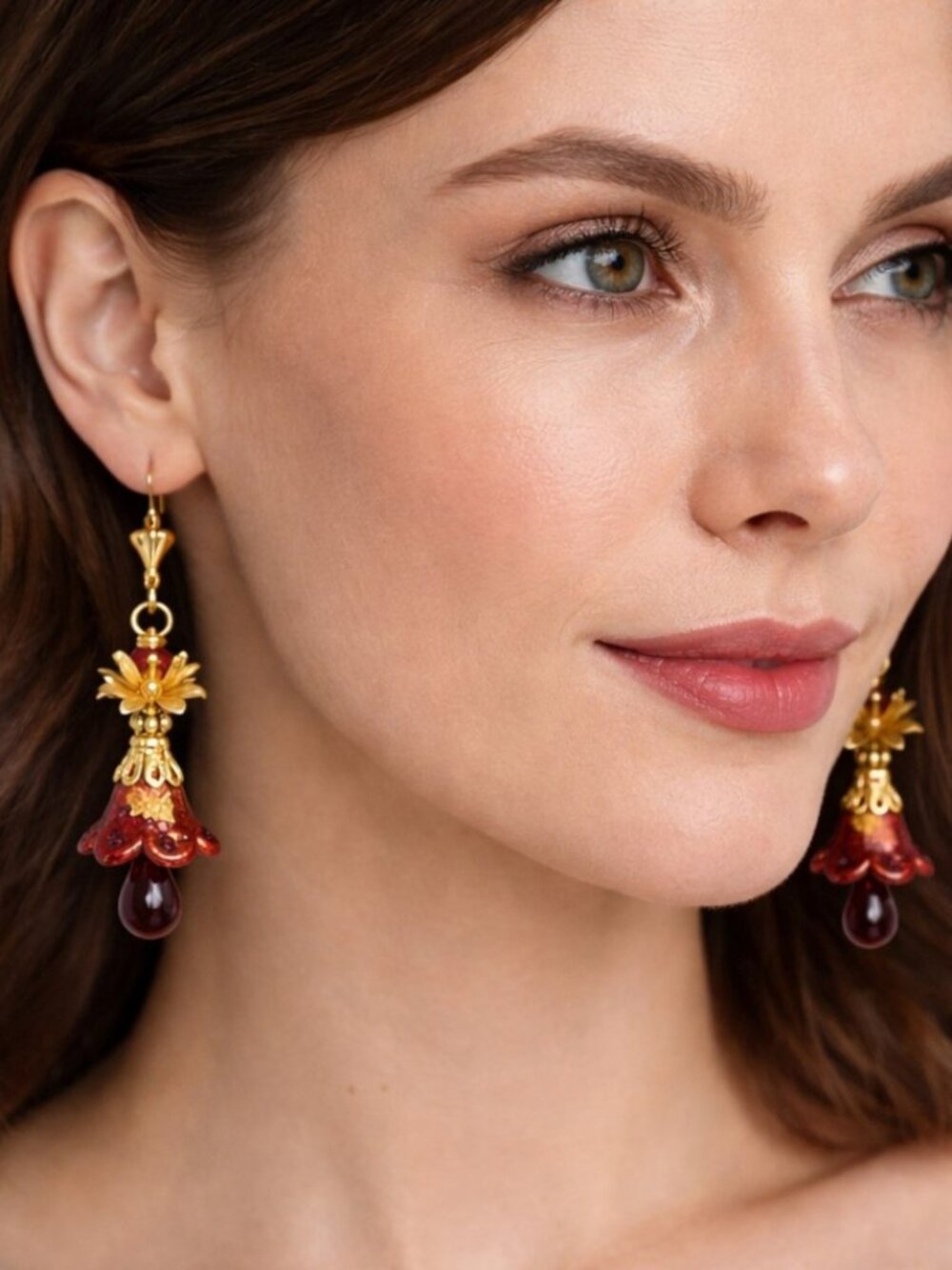 Red Hand Painted Lucite Flower Earrings, Crystal, Filigree Gold Cap